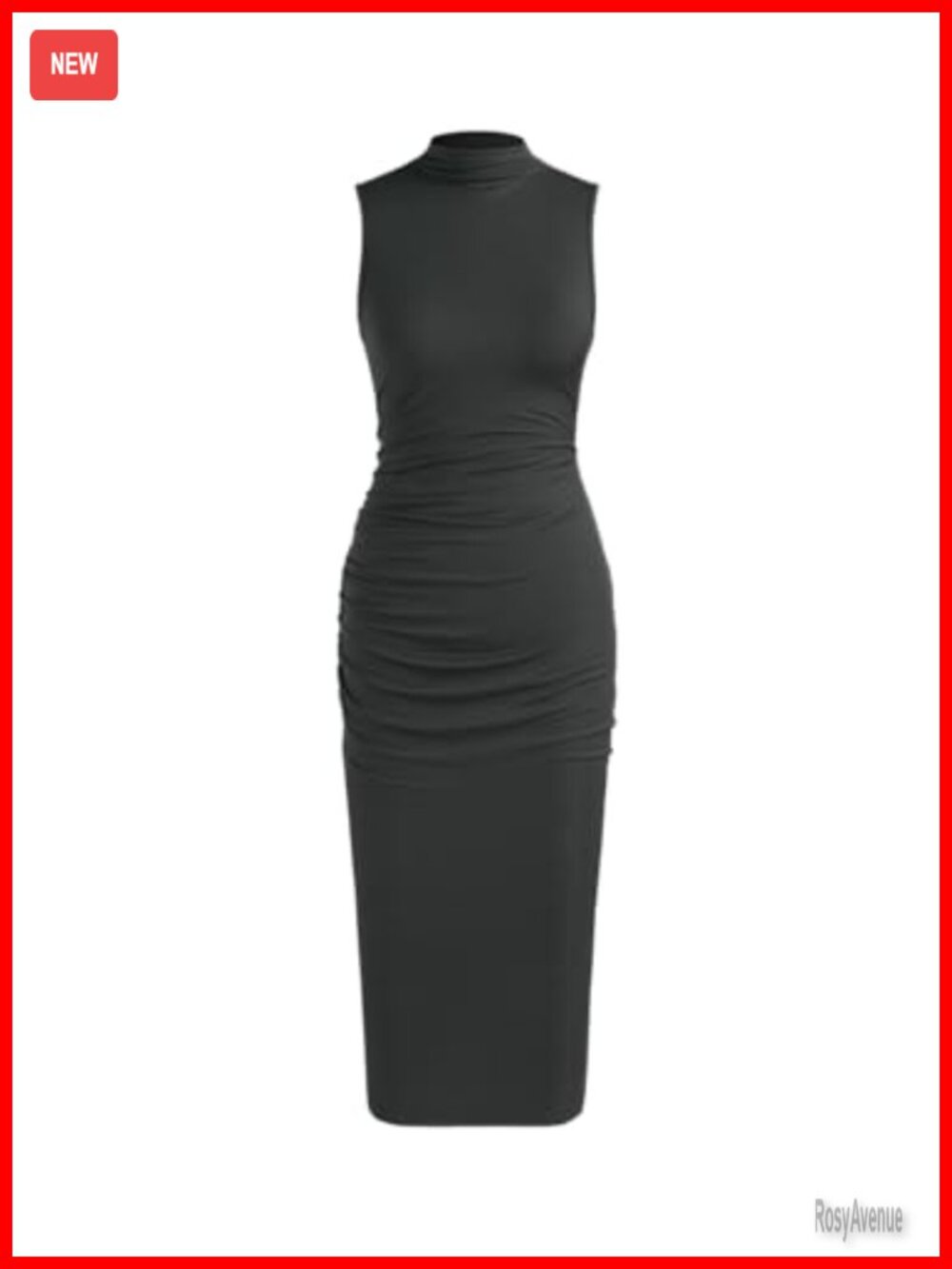 Bodycon Midi Dress Mock High Neck Sleeveless Ruched Summer Cocktail Work Dress